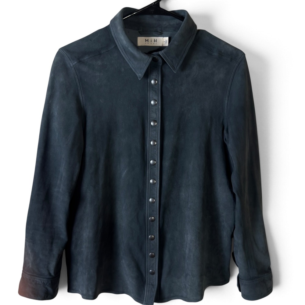 MiH Jeans Suede Leather Shirt Women Small Navy Blue Snap Button Long Sleeve